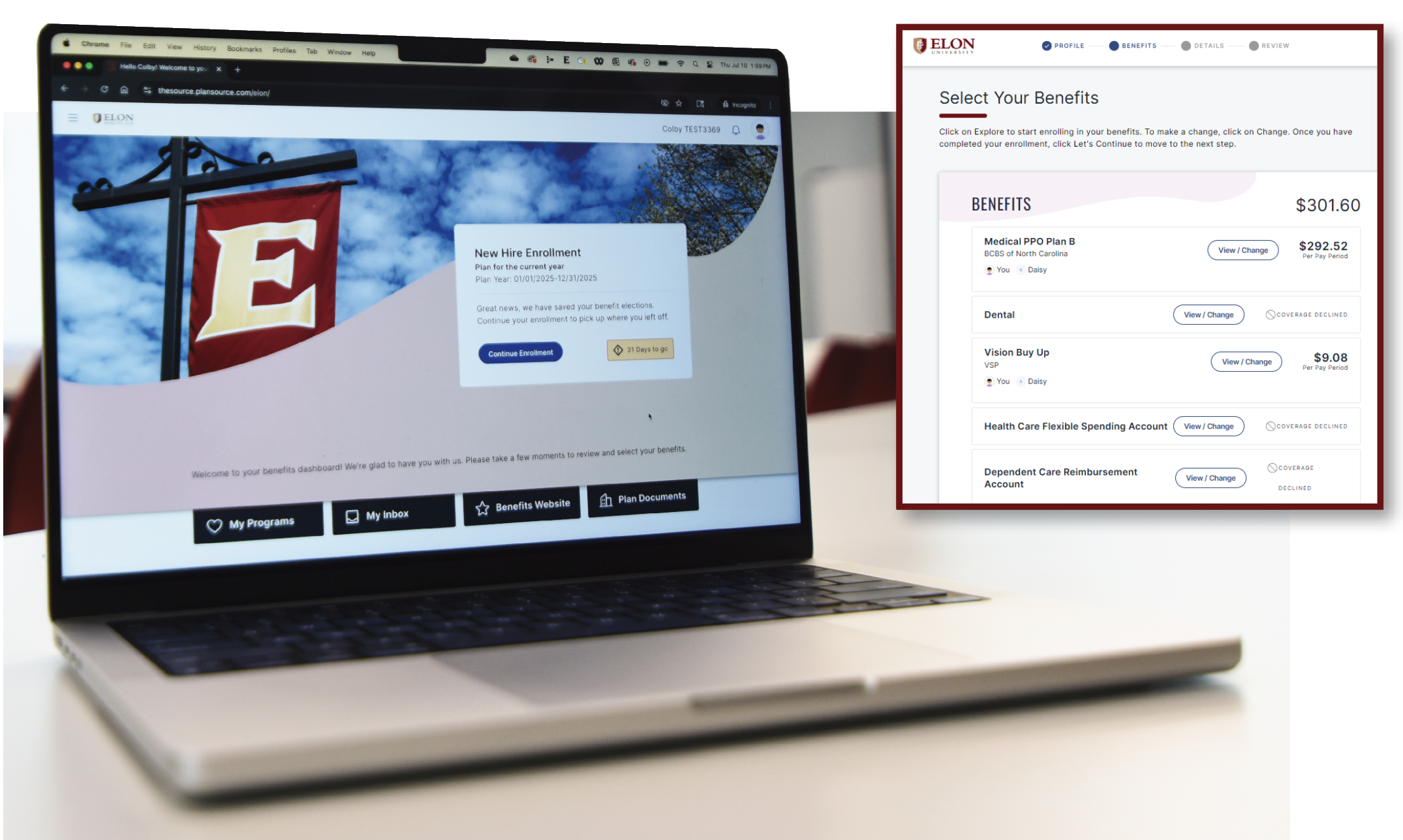 A laptop with the Elon Benefits login screen on it. The screen features a photo of a flag with the Elon E. On the right of the image is a screenshot of Benefits Hub information around benefits.